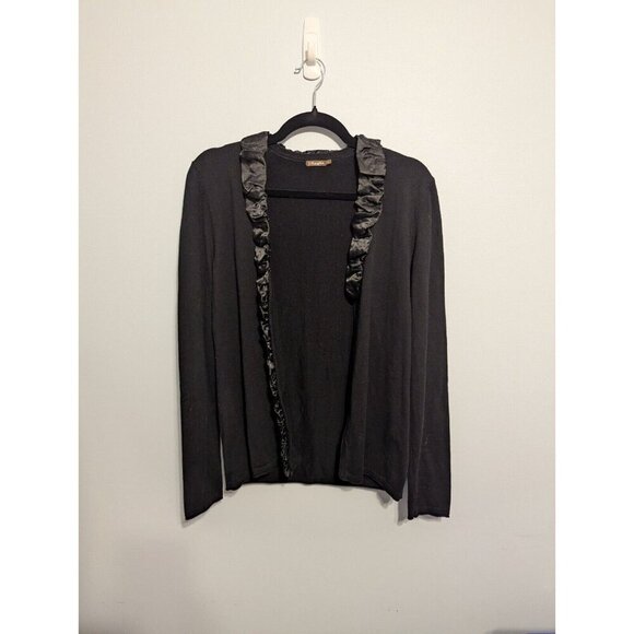 j mclaughlin womens large black long sleeve cardigan dressy satin ruffles - Picture 2 of 9